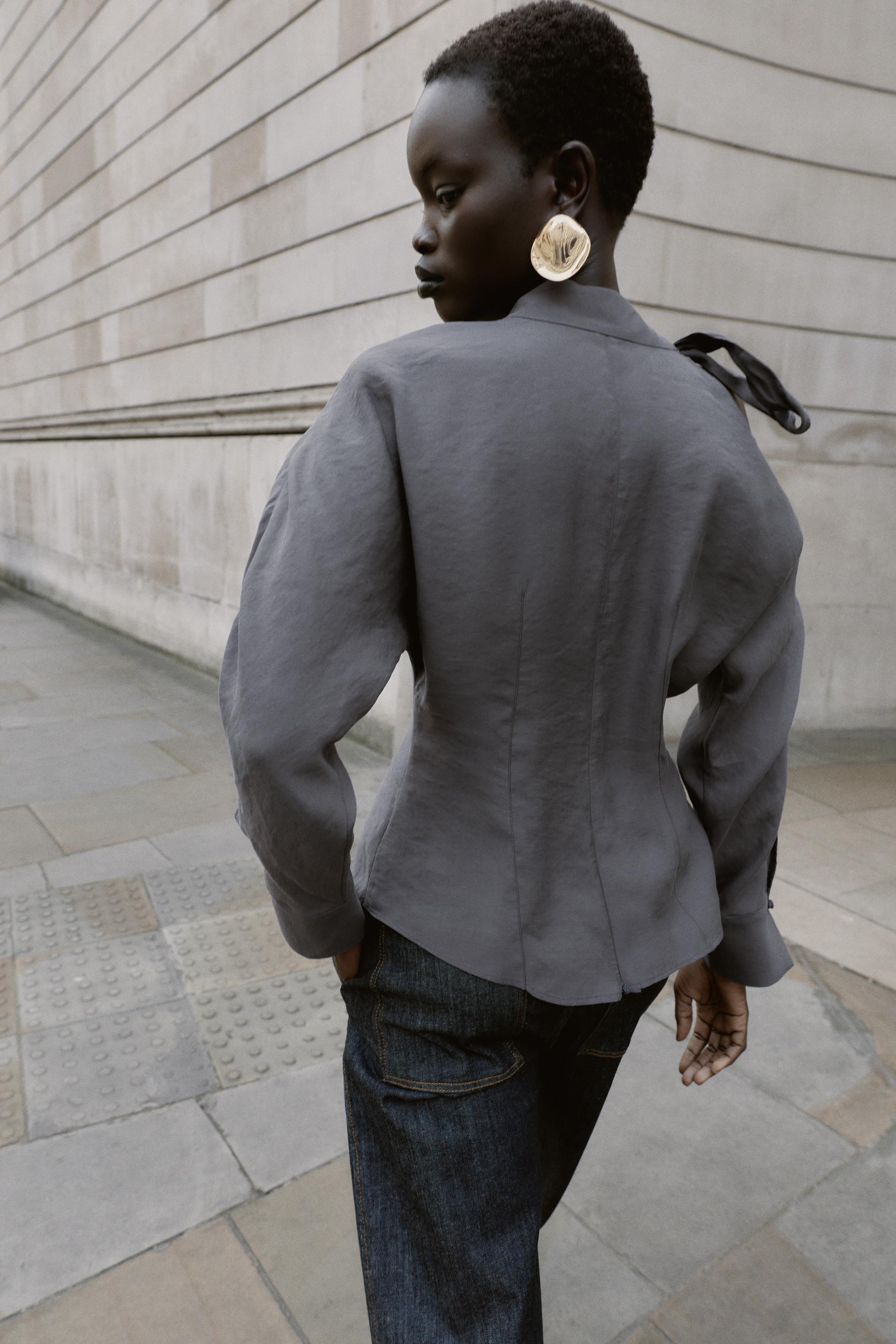 SHOULDER CUT-OUT BLOUSE WITH TIE